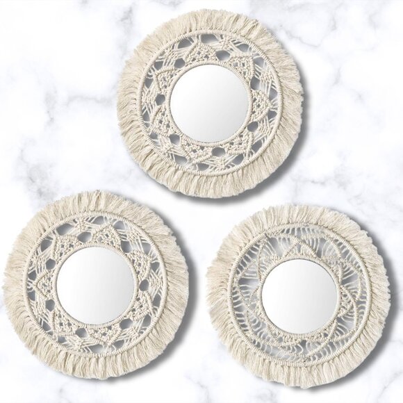 THREE (3)PC Set of Wall Mirrors Boho Beige Macrame Bohemian Global Decor NEW NIB - Picture 8 of 11